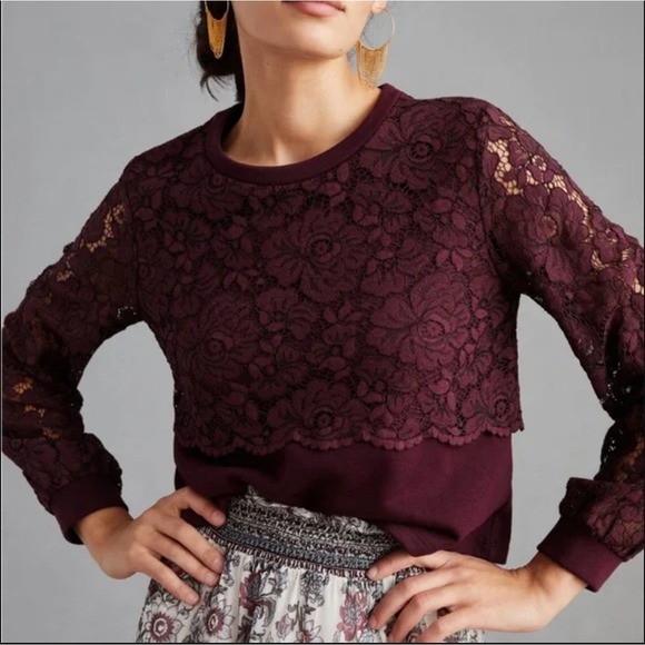 Maeve by Anthropologie Lace Overlay Sweatshirt Size M Cropped Romance Feminine - Picture 4 of 12